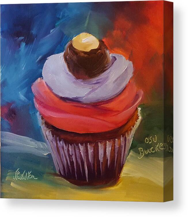 Ohio State Canvas Print featuring the painting Ohio State Buckeye Cupcake by Judy Fischer Walton