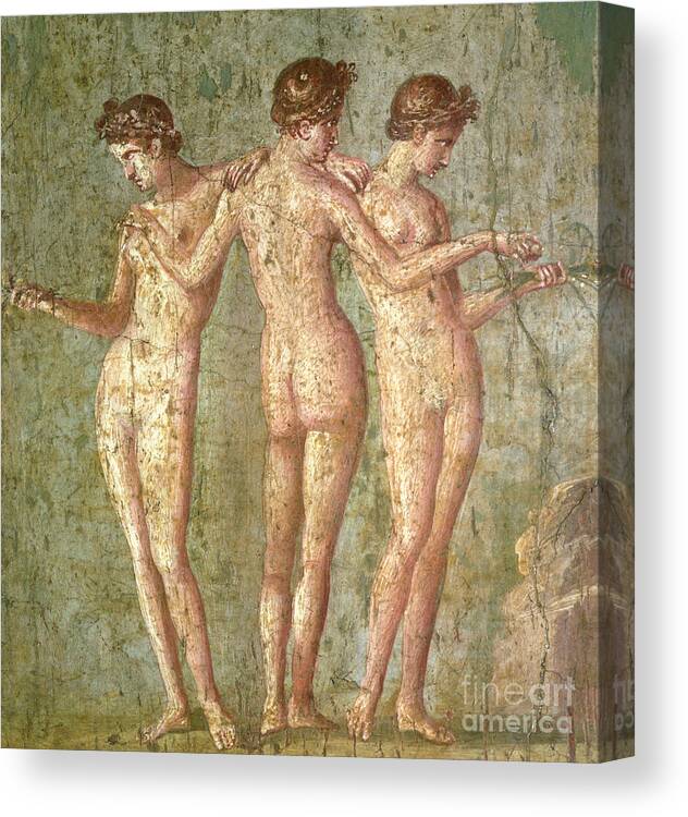 Roman Canvas Print featuring the painting Three Graces, from Pompeii, fresco, Roman, 1st century AD by Roman School