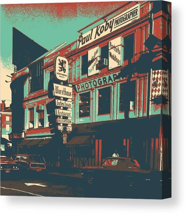 Harvard Sq Canvas Print featuring the digital art Wursthause by Steve Glines