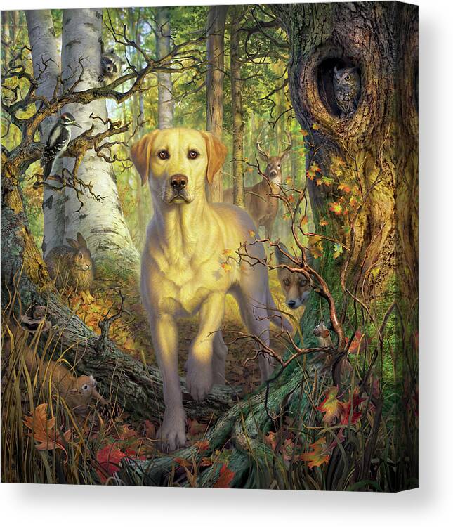 Labrador Canvas Print featuring the digital art Yellow Lab in Fall by Mark Fredrickson