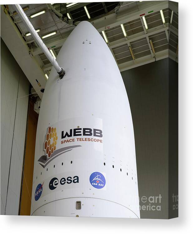 Ariane 5 Canvas Print featuring the photograph Ariane 5 Rocket Rollout With James Webb Space Telescope by Nasa/bill Ingalls/science Photo Library