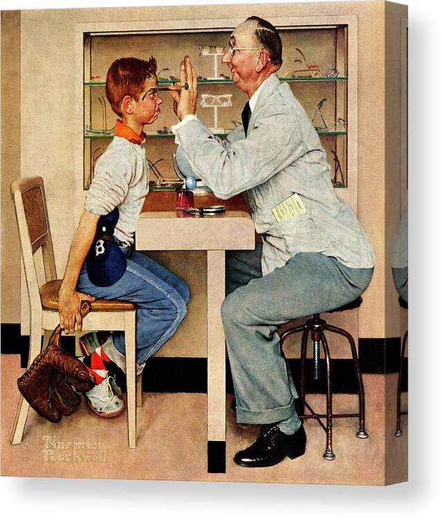 Boys Canvas Print featuring the painting At The Optometrist by Norman Rockwell