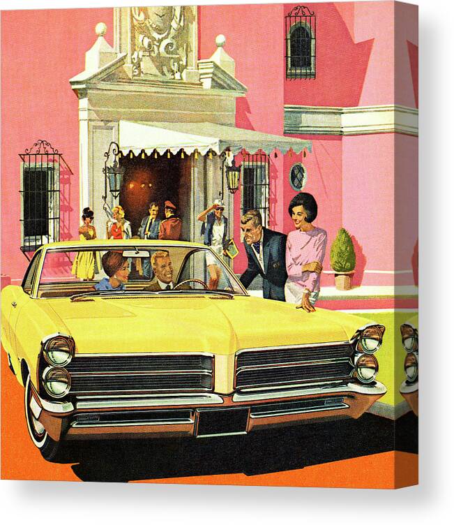 Auto Canvas Print featuring the drawing Classic Yellow Car and Happy People by CSA Images