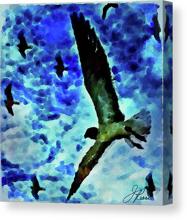 Painting Of Flying Seagulls In The Blue Sky Canvas Print featuring the painting Flying Seagulls by Joan Reese