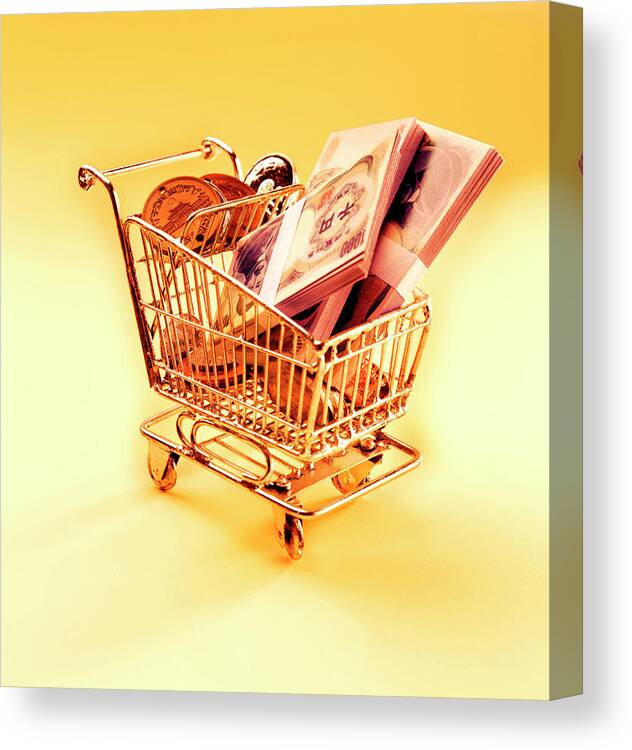 Brand Canvas Print featuring the drawing Grocery Cart Filled With Various Currency by CSA Images