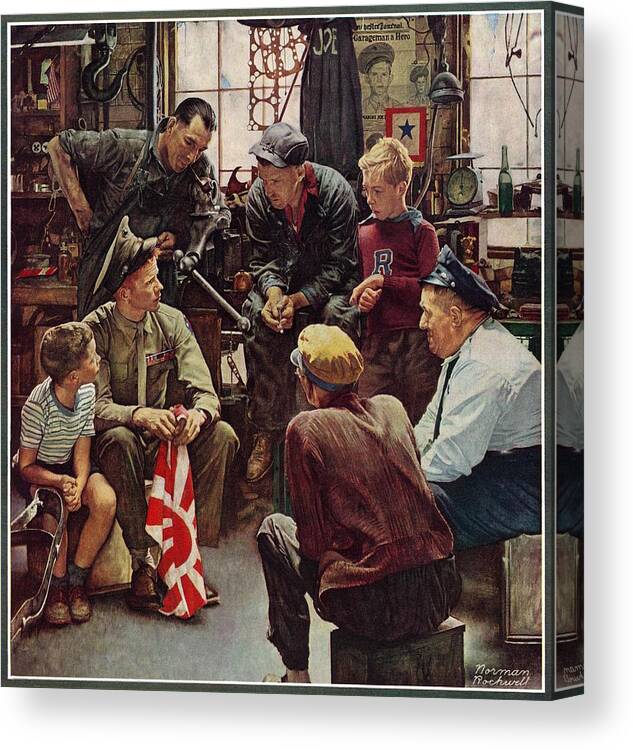 Flags Canvas Print featuring the drawing Homecoming Marine by Norman Rockwell