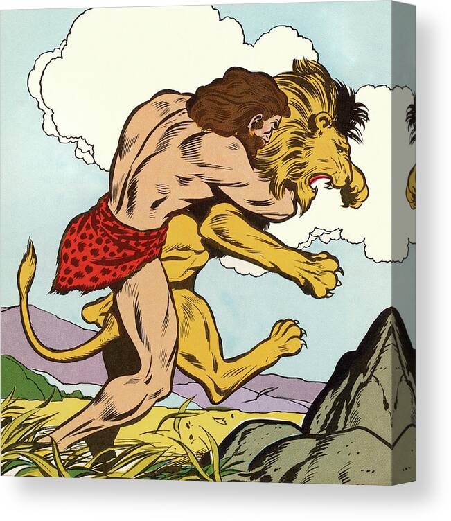 Adult Canvas Print featuring the drawing Man Attacking Lion by CSA Images