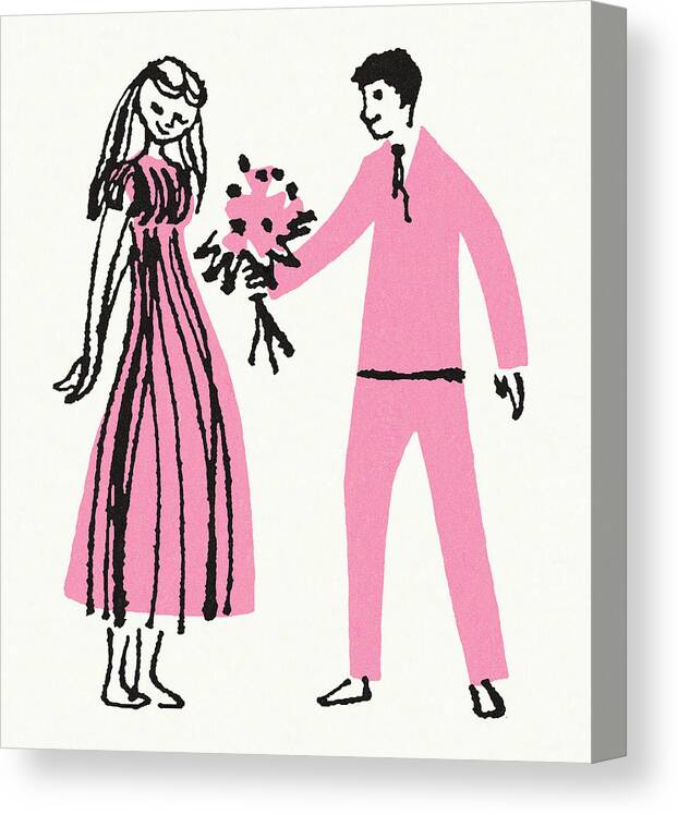 Adult Canvas Print featuring the drawing Man Giving a Woman a Bouquet of Flowers by CSA Images