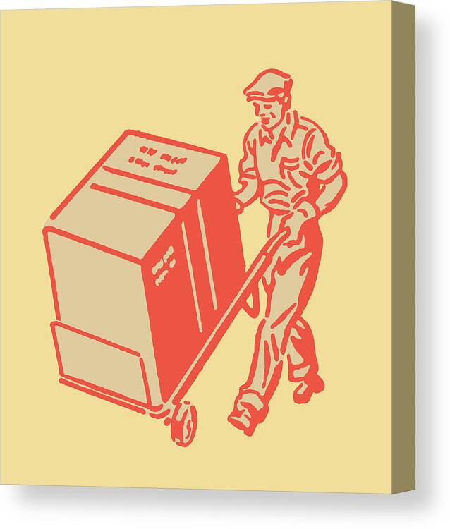 Adult Canvas Print featuring the drawing Man Moving a Box on a Two Wheel Cart by CSA Images