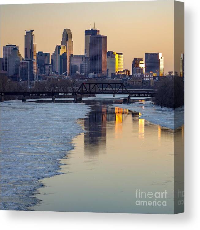 Minneapolis Canvas Print featuring the photograph Minneapolis Skyline At Sunset 2 by Susan Rydberg