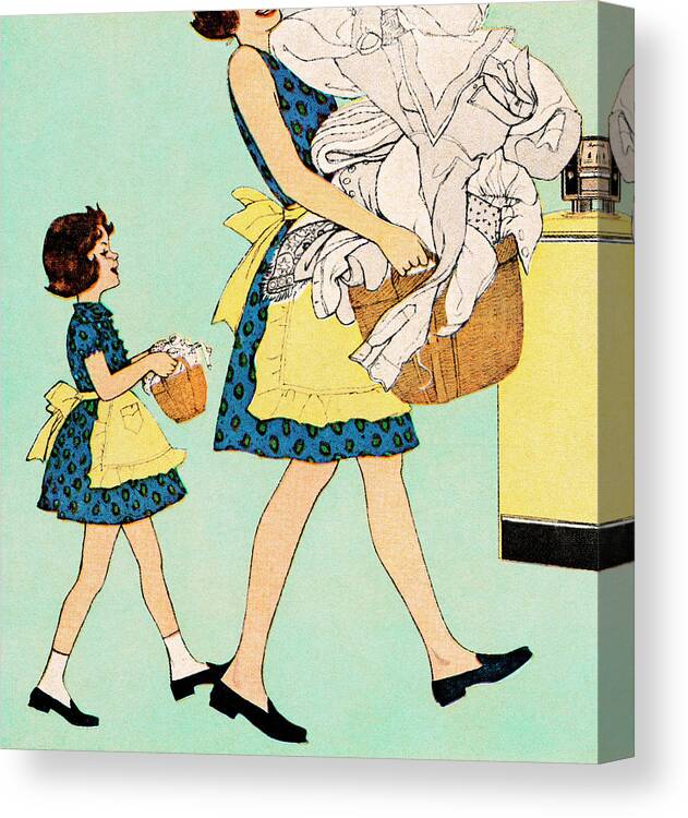 Adult Canvas Print featuring the drawing Mom and Mini-Me Daughter Doing Laundry by CSA Images