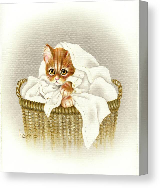 Tiger Striped Kitten In The Laundry Basket Under A Shirt. Canvas Print featuring the painting Permanent Press by Peggy Harris