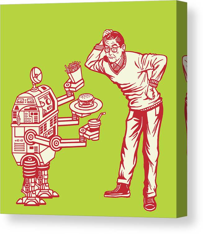 Adult Canvas Print featuring the drawing Robot Offering Fast Food to a Man by CSA Images