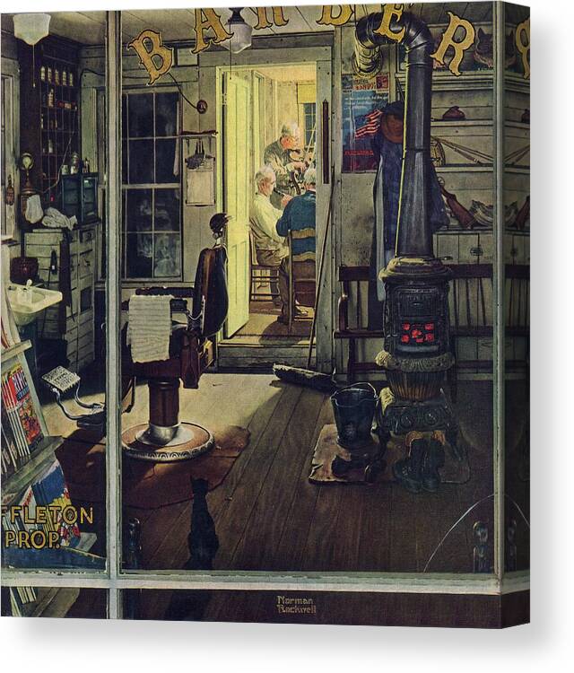 Barbers Canvas Print featuring the painting Shuffleton's Barbershop by Norman Rockwell