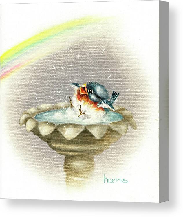A Bluebird In A Birdbath With A Rainbow Overhead Canvas Print featuring the painting Singin' In The Rain by Peggy Harris