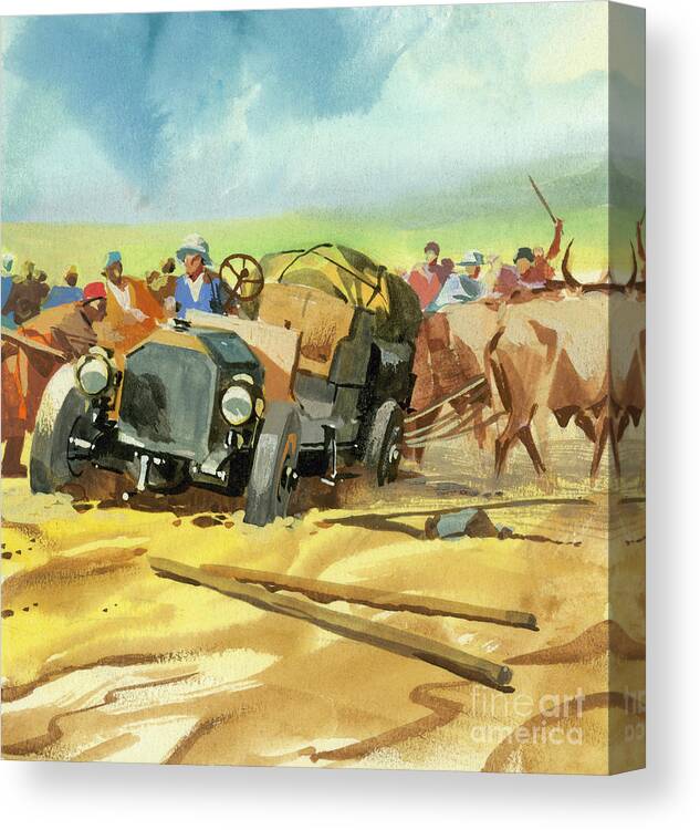 Stuck Canvas Print featuring the painting Stuck during Ten thousand mile motor race by Ferdinando Tacconi