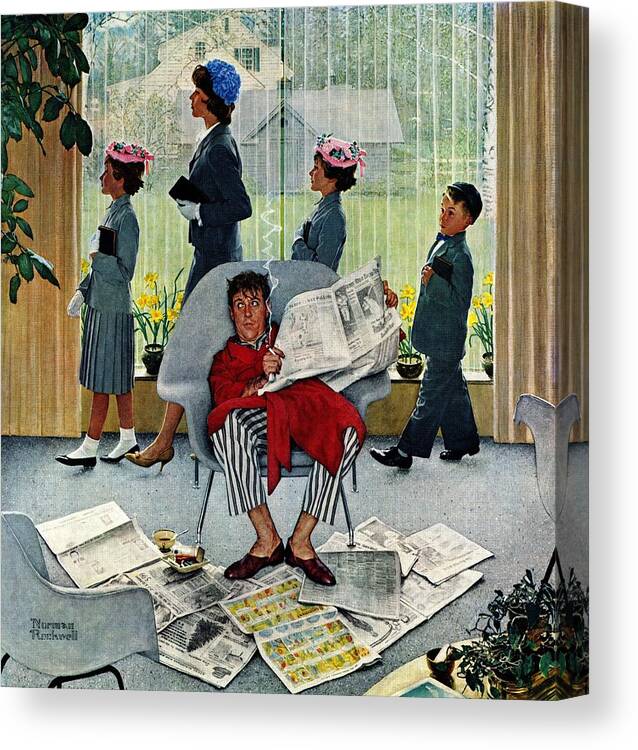 Church Canvas Print featuring the drawing Sunday Morning by Norman Rockwell