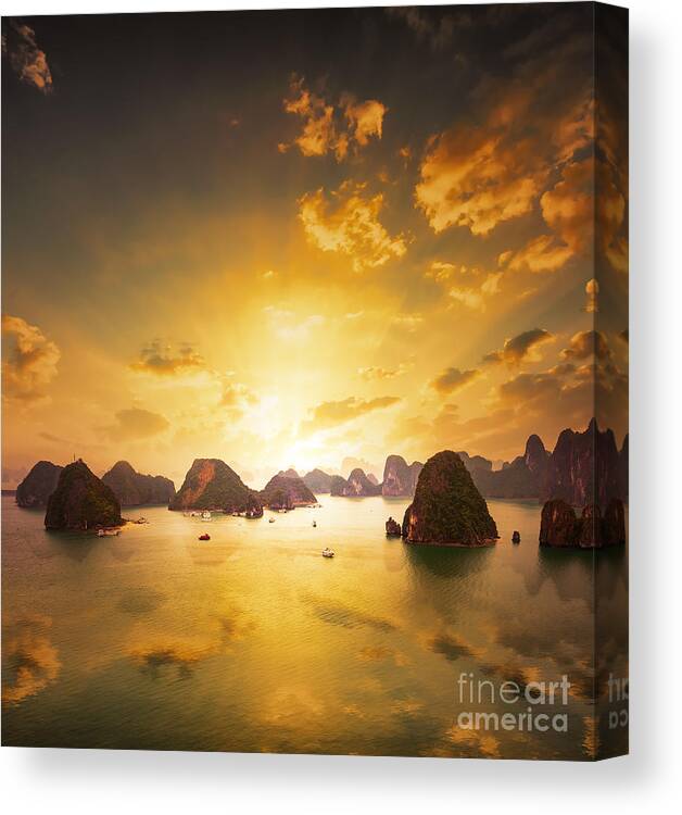 Panoramic Canvas Print featuring the photograph Sunset Over The Islands Of Halong Bay by Banana Republic Images