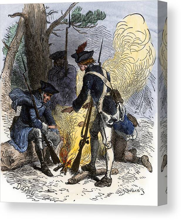 War Canvas Print featuring the drawing War Of Independence Or American Revolution (1775-1783) Tired American Soldiers Gather To Heat Themselves Around A Campfire In Valley Forge (pennsylvania) Coloured Water, 19th Century by American School