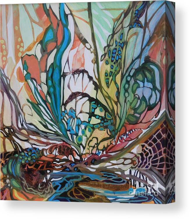 A Rainbow Of Color Is Woven Through This Whimsical Painting Which Is Designed To Bring You To Your Happy Place If You Just Allow Your Imagination To Lead The Way. Canvas Print featuring the painting Webs and Wings by Joan Clear