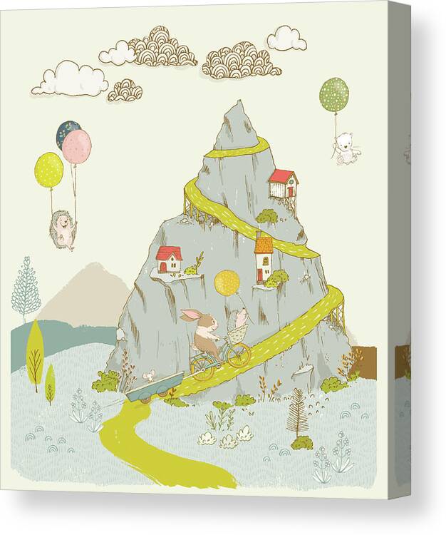 Whimsical Canvas Print featuring the painting Whimsical mountain and animal art for kids by Matthias Hauser