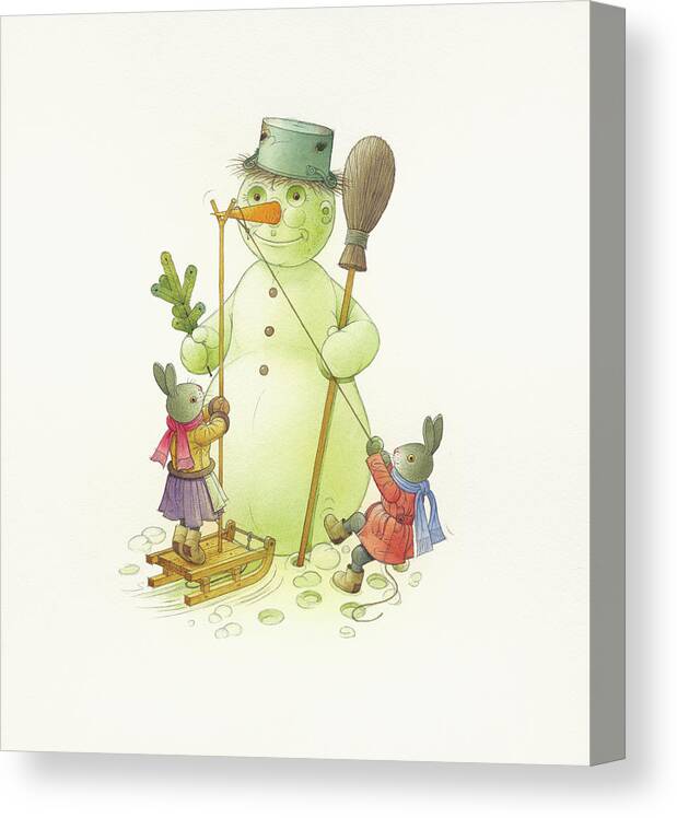 Christmas Christmascard Winter Snow Snowman Rabbits Holydays Canvas Print featuring the drawing Snowman #2 by Kestutis Kasparavicius
