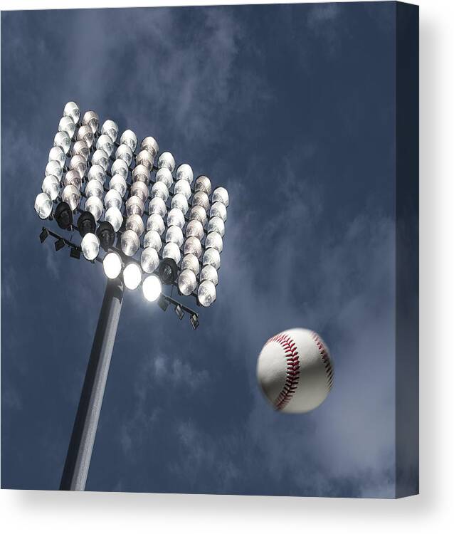 Team Sport Canvas Print featuring the photograph Baseball home run under the stadium lights by Pgiam