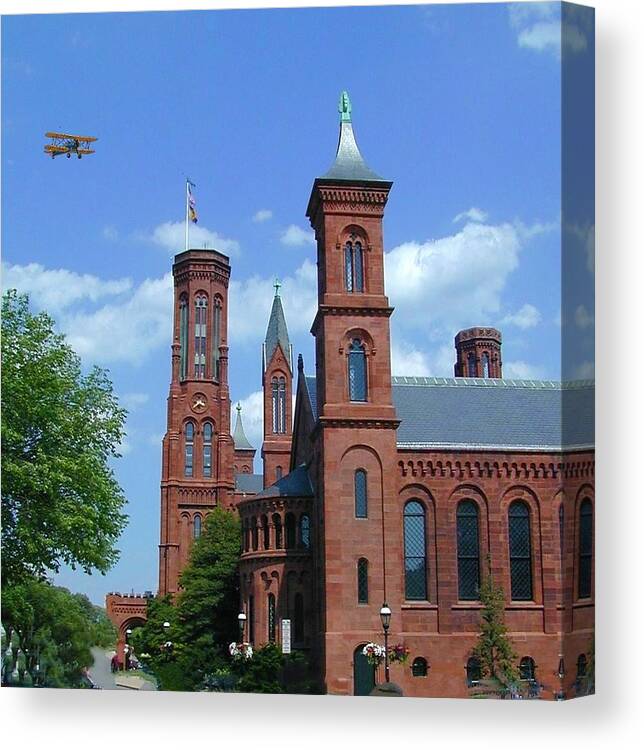 Kentucky Canvas Print featuring the photograph Biplane Fly Over the Smithsonian Castle, Washington DC by Douglas Barnett