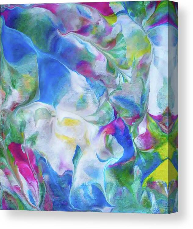 Abstract Flora Blues Greens Pink Yellow Canvas Print featuring the painting Blue Bloom by Deborah Erlandson