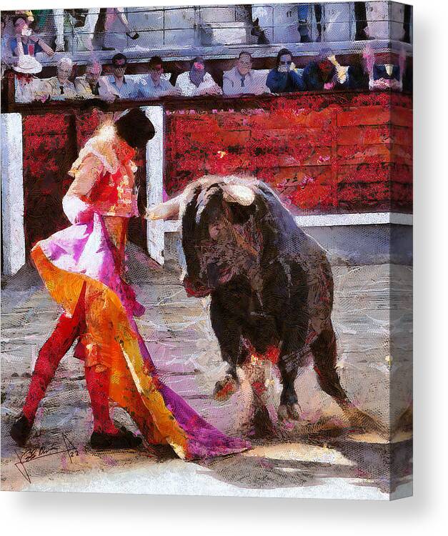 Bull Canvas Print featuring the painting Bullfighting in Spain by Charlie Roman
