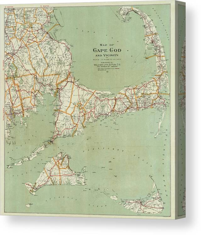 Cape Canvas Print featuring the photograph Cape Cod and Vicinity Historical Map by Toby McGuire
