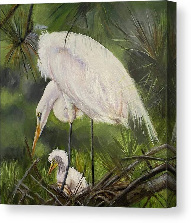 Egret Canvas Print featuring the painting Family Time by Gloria Smith