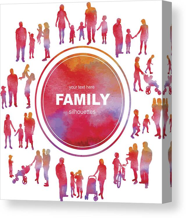 Young Adult Canvas Print featuring the drawing Frame with family silhouettes and watercolor effect. Vector. by Nuranvectorgirl