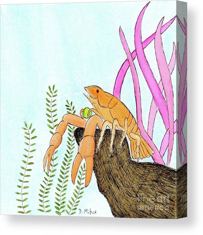 Aquarium Canvas Print featuring the painting Leo the Aquarium Lobster Enjoys a Pea by Donna Mibus