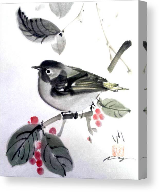 Japanese Canvas Print featuring the painting Little Bird Visiting Your Yard by Fumiyo Yoshikawa