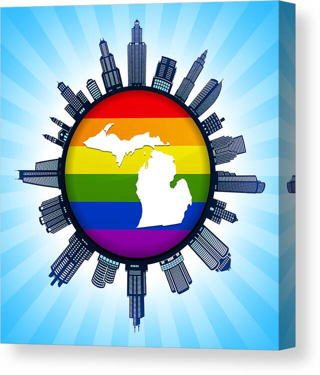 Orange Color Canvas Print featuring the drawing Michigan State Map on Gay Pride City Skyline Background by Bubaone