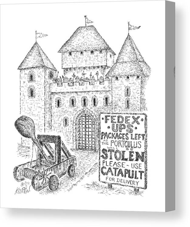 Captionless Canvas Print featuring the drawing Please Use Catapult For Delivery by Edward Koren