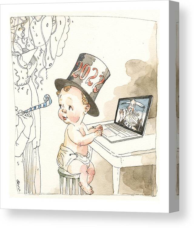 Ringing In The New Year (on Zoom) Canvas Print featuring the painting Ringing in the New Year On Zoom by Barry Blitt