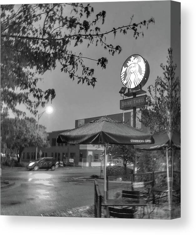 Landscape Canvas Print featuring the photograph Starbucks on a Rainy Fall Day by Michael Dean Shelton