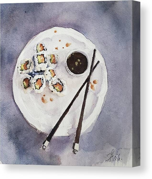 Watercolour Canvas Print featuring the painting Sushi Night by Sheila Romard