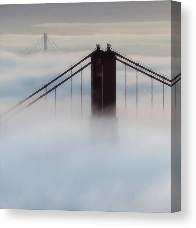 Fog Canvas Print featuring the photograph Two Bridges by Louis Raphael