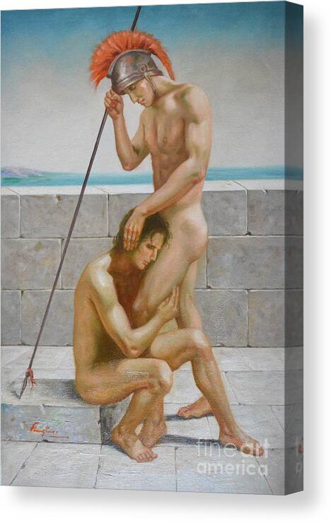 Oil Painting Art Canvas Print featuring the painting ORIGINAL man body oil painting gay art -two male nude by the sea by Hongtao Huang