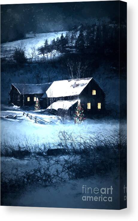 Atmosphere Canvas Print featuring the photograph Snow scene of a farmhouse at night/ digital painting by Sandra Cunningham