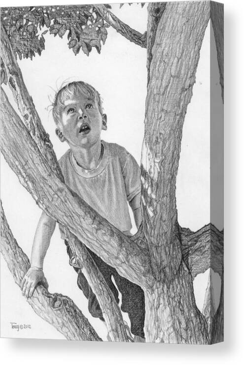 Boy Canvas Print featuring the drawing Boy Climbing #2 by Robert Tracy
