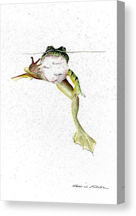 Frog On Waterline Canvas Print featuring the painting Frog On Waterline #1 by Steven Schultz