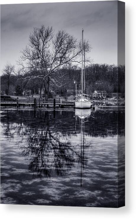 Black And White Canvas Print featuring the photograph Frozen Sailboat and Cloudy Ice #1 by Dennis Dame
