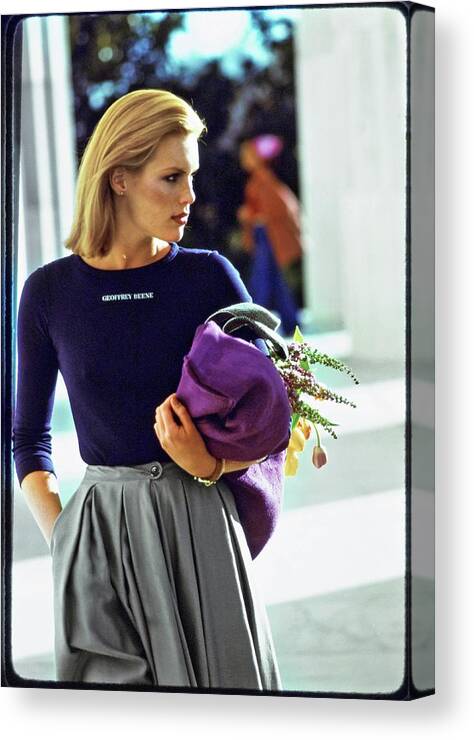 #condenastvoguephotograph Canvas Print featuring the photograph Patti Hansen Wearing Geoffrey Beene #1 by Arthur Elgort