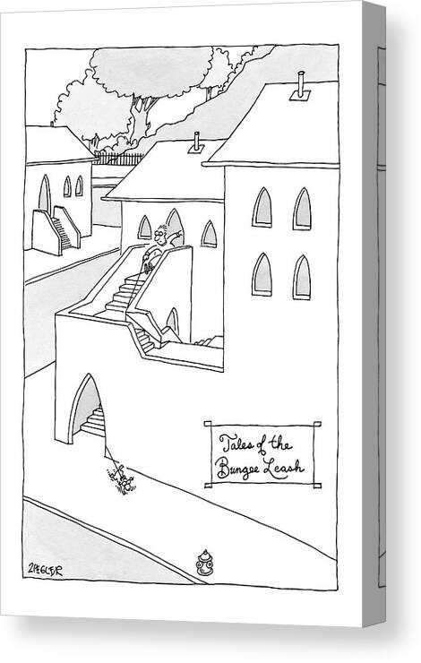 Pets Problems Architecture Inventions Bungee Cord

(man Following Dog Who's Leash Is Entangled On Winding Staircase.) 121503 Jzi Jack Ziegler Canvas Print featuring the drawing Tales Of The Bungee Leash by Jack Ziegler