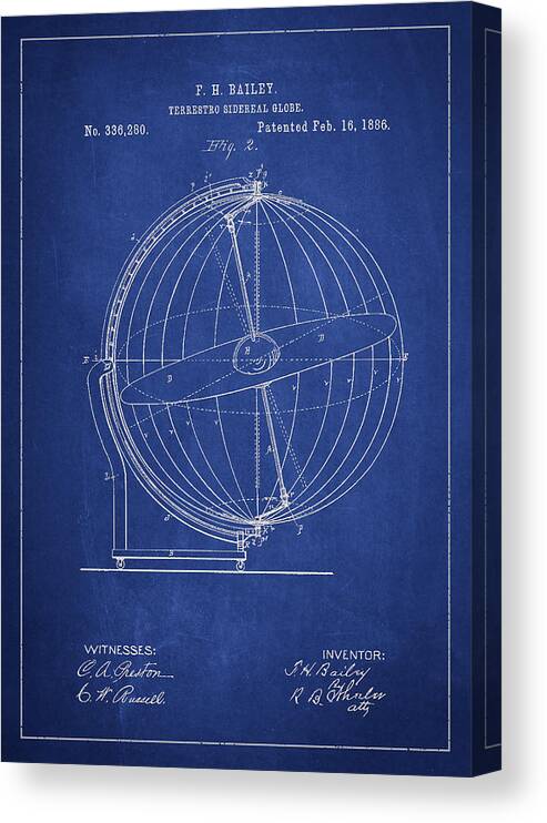 Globe Canvas Print featuring the digital art Terrestro Sidereal Globe Patent Drawing From 1886 #7 by Aged Pixel