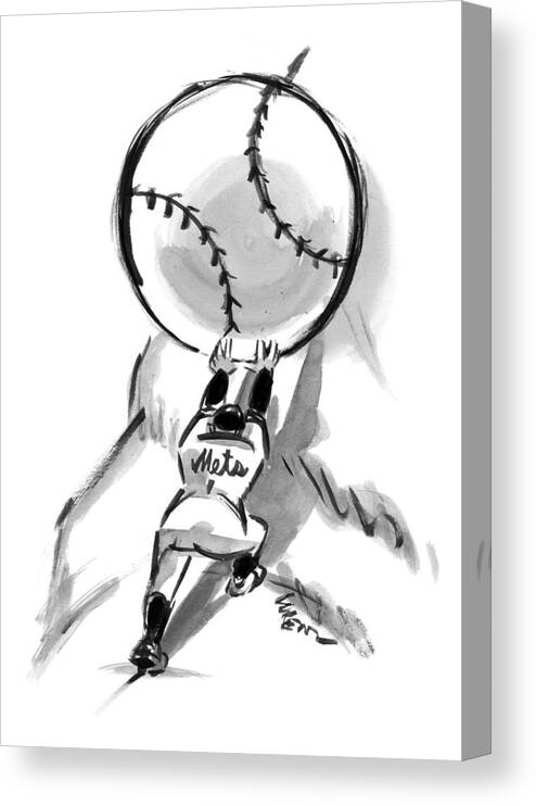 Sisyphus Canvas Print featuring the drawing A Mets Player Pushes A Giant Baseball by Lee Lorenz